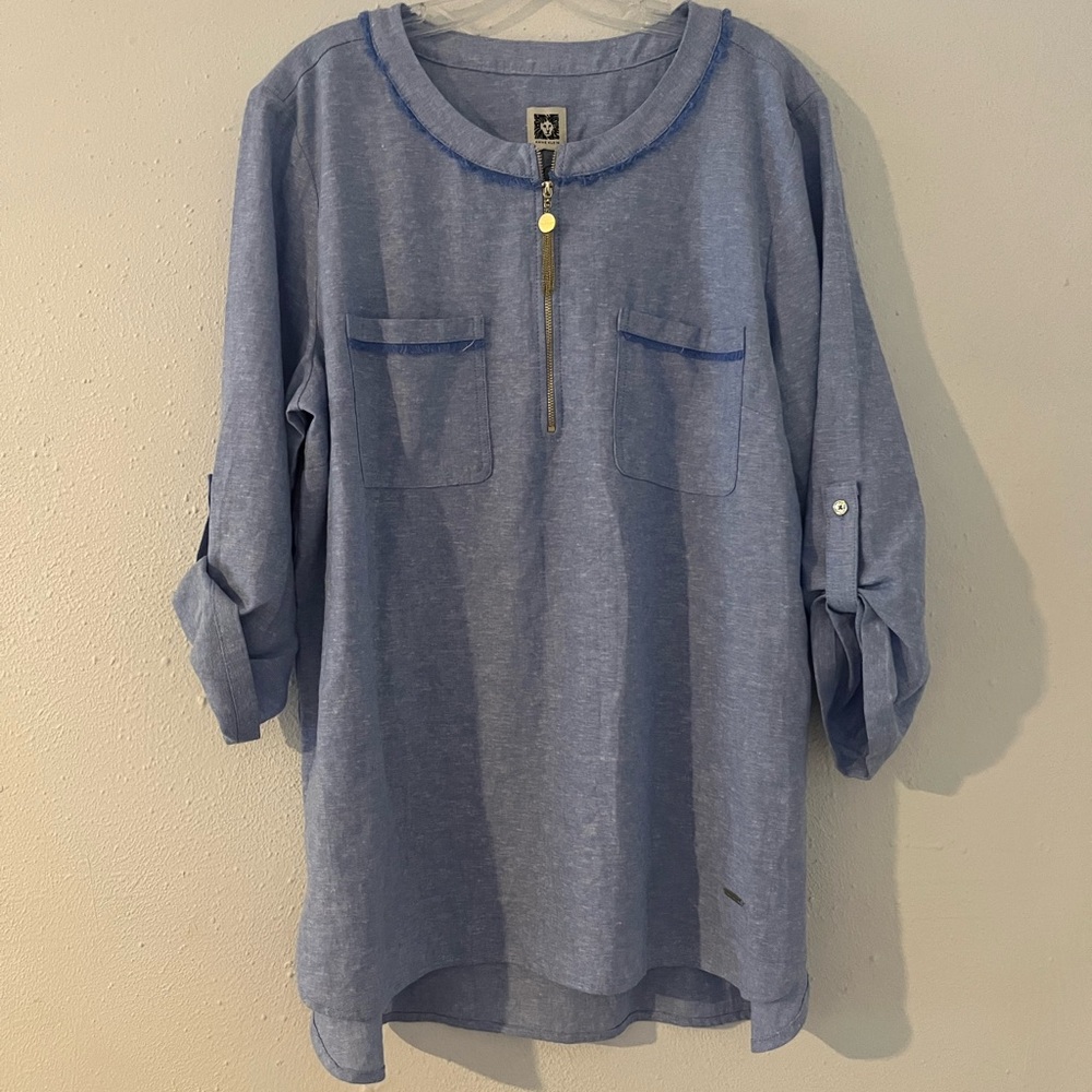 Anne Klein Light Blue Button-Front Linen-Blend Casual Shirt